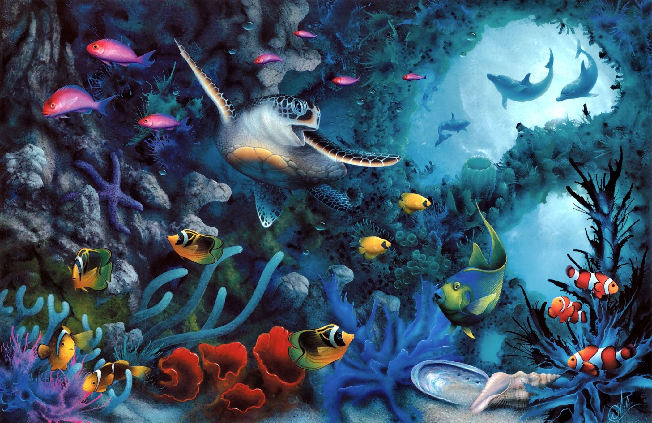 dolphins, Dolphin, Ocea, Sea, Underwater, David, Miller, Turtle, Fish, Dolphins, Sea, Bottom, Art Wallpaper