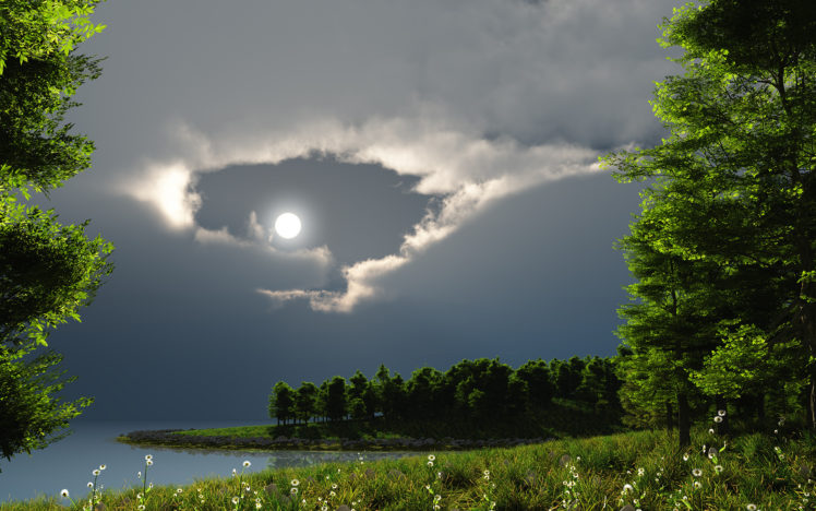 flowers, Lakes, Sky, Clouds, Moon, Landscapes HD Wallpaper Desktop Background