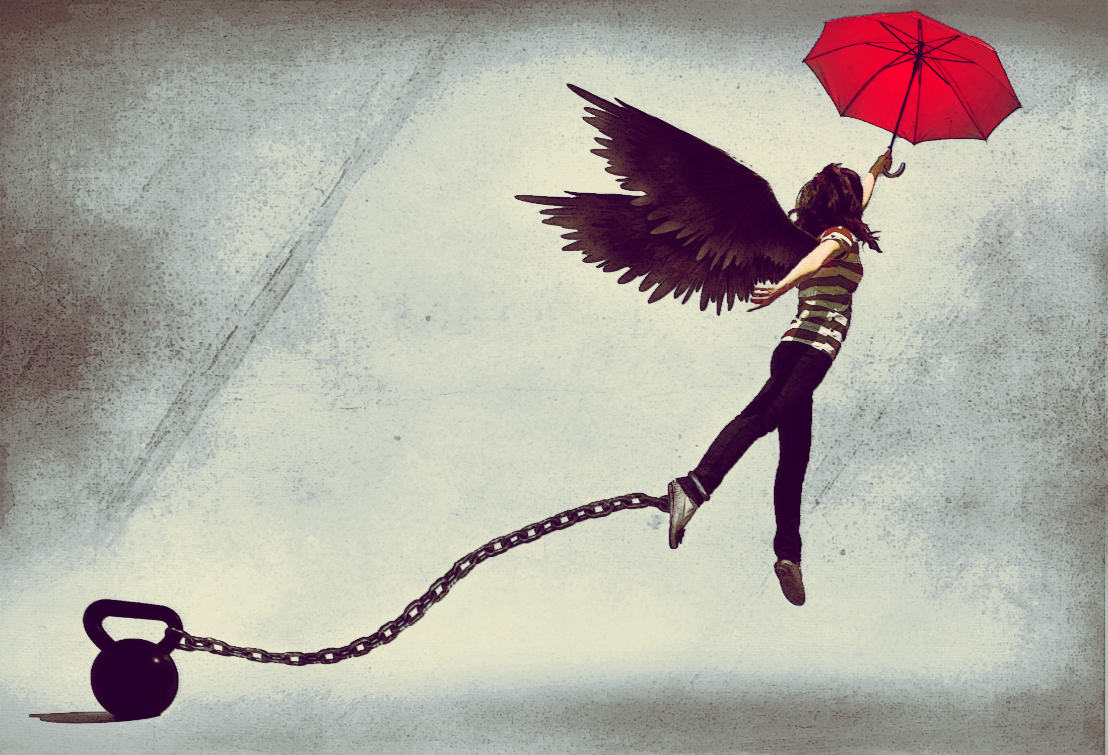 drawing, Girl, Umbrella, Umbrella, Chain, Weight, Wings, Angel, Angels,  Gothic, Mood Wallpapers HD / Desktop and Mobile Backgrounds, image size:2200x1500