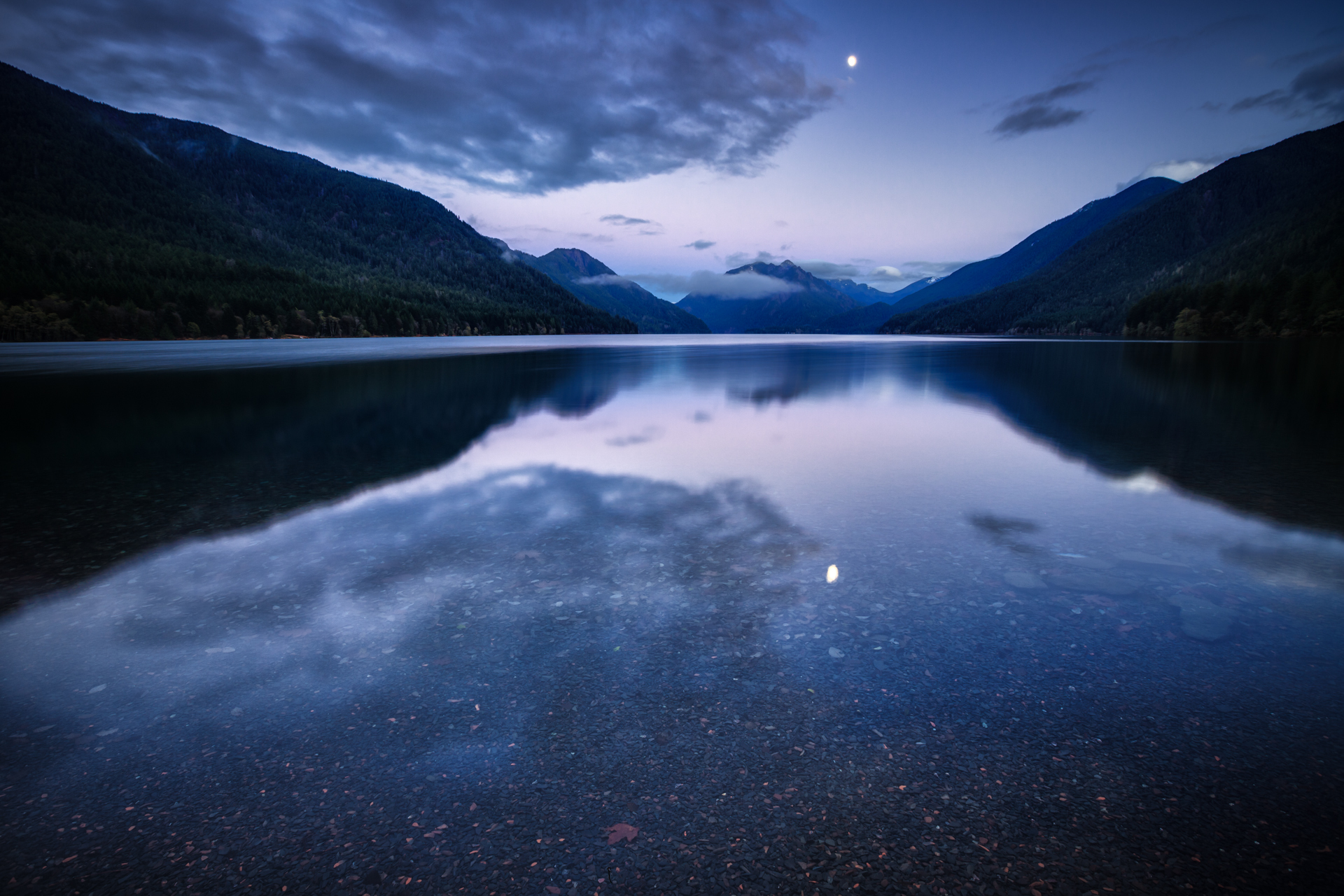 mountain, Lake, Water, Surface, Night, Blue, Lilac, Sky, Clouds, Moon, Reflection Wallpaper