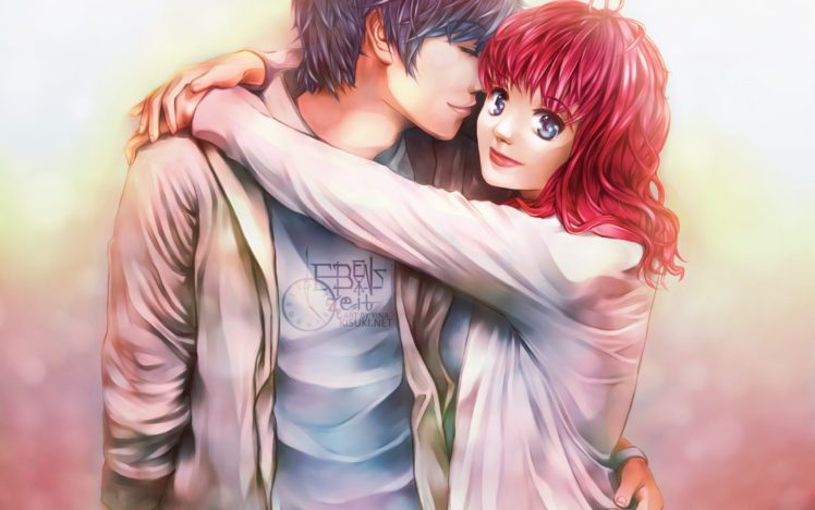 hug, Hugging, Couple, Love, Mood, People, Men, Women, Happy, Anime, Original, Artwork HD Wallpaper Desktop Background