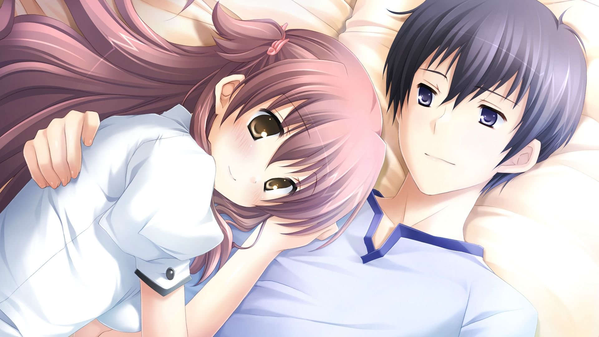 anime, Girl, Guy, Skirt, Blouse, Anime, Hug, Hugging, Couple, Love, Mood, People, Men, Women, Happy Wallpaper