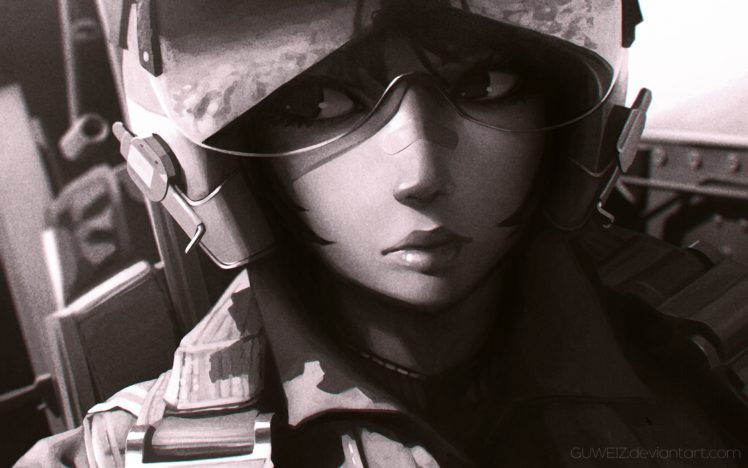 bandaid, Goggles, Guweiz, Military, Monochrome, Original, Uniform, Watermark HD Wallpaper Desktop Background