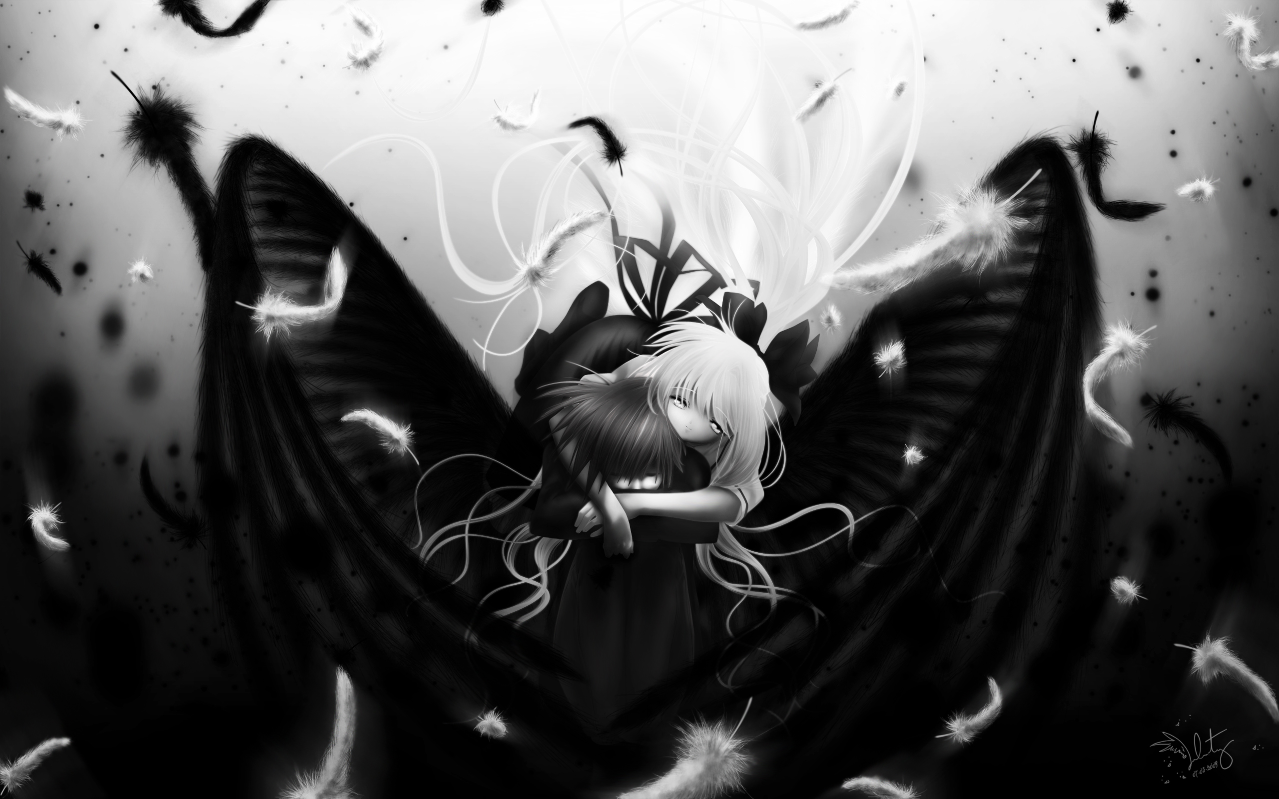 air, Feathers, Kamio, Misuzu, Kunisaki, Yukito, Long, Hair, Monochrome, Wings Wallpaper