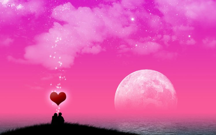 cielo, Rosa, Amor, Luna, Corazon HD Wallpaper Desktop Background