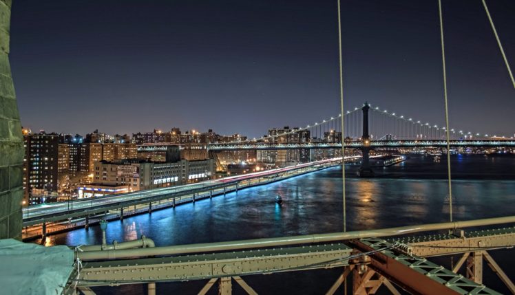 brooklyn, Bridge, Night, City, Cities, Urban, New, York, Usa, America, Travelling, Lights, River, Hudson, Towers, Nyc, Landscape HD Wallpaper Desktop Background