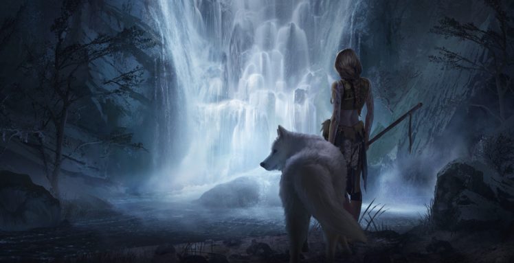 fantasy, Girl, Beauty, Beautiful, Long, Hair, Woman, Warrior, Animal, Waterfall, Wolf HD Wallpaper Desktop Background