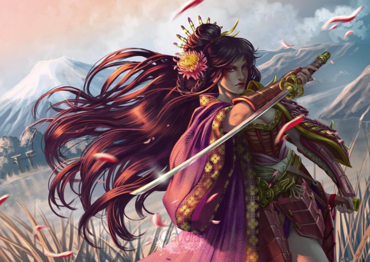 fantasy, Girl, Beauty, Beautiful, Long, Hair, Woman, Samurai, Sword HD Wallpaper Desktop Background