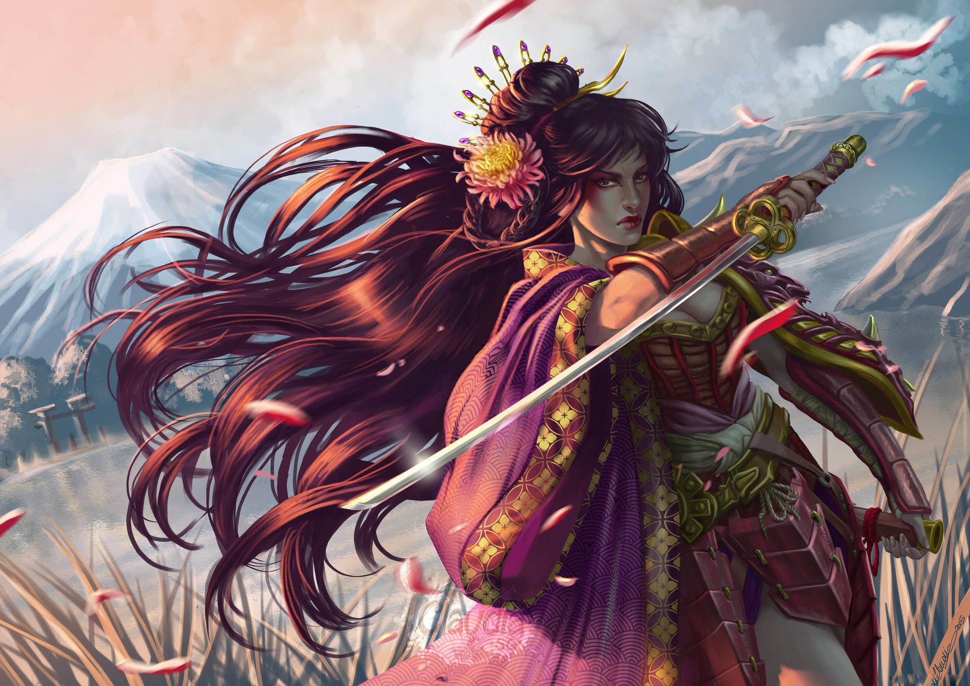 fantasy, Girl, Beauty, Beautiful, Long, Hair, Woman, Samurai, Sword Wallpaper