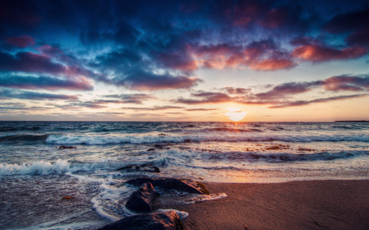 beach, Shore, Ocean, Sea, Sky, Clouds, Sunset, Waves HD Wallpaper Desktop Background