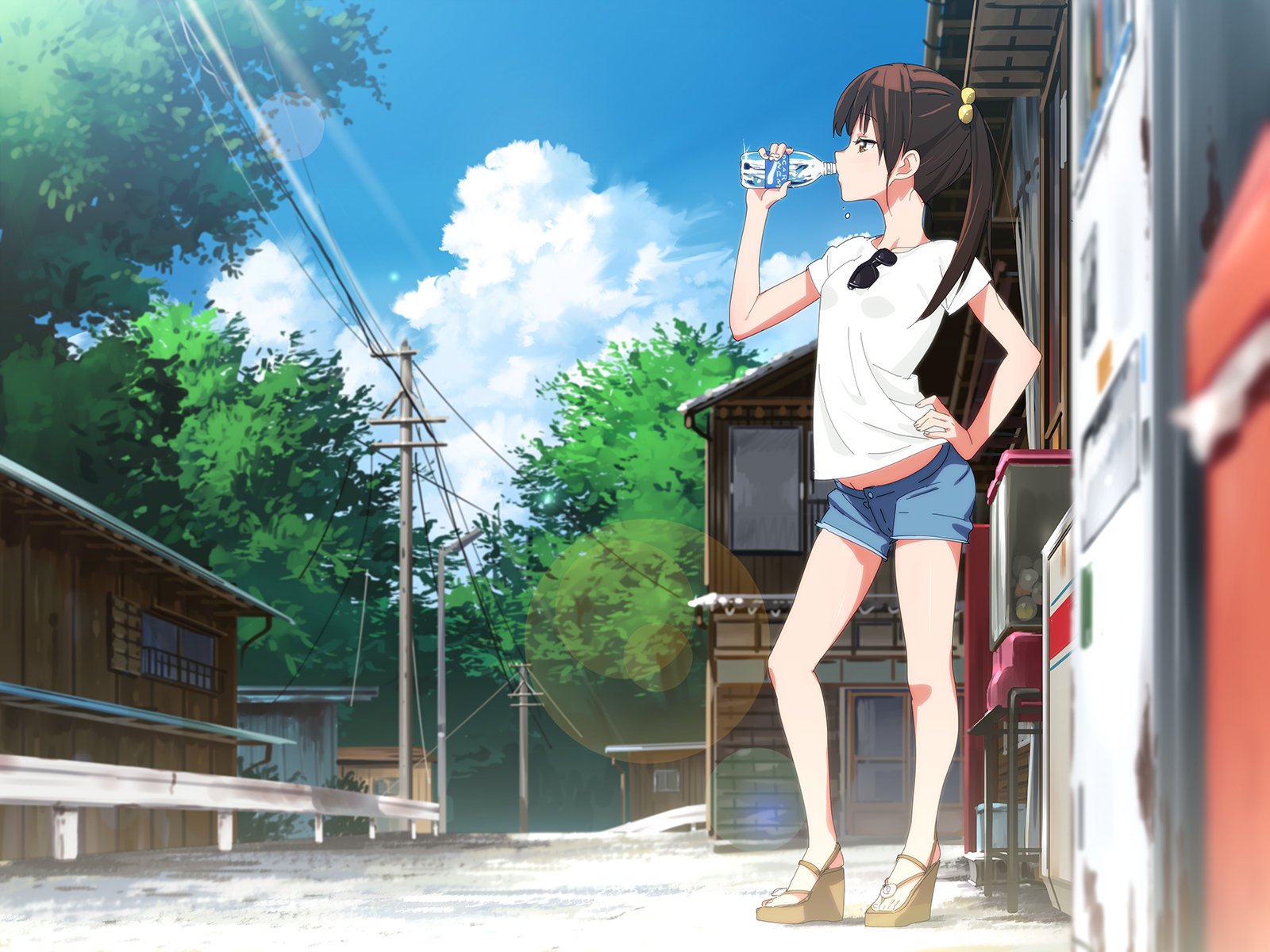 brown, Hair, Building, Clouds, Drink, Itoshige, Original, Ponytail, Shorts, Summer, Sunglasses, Tree Wallpaper