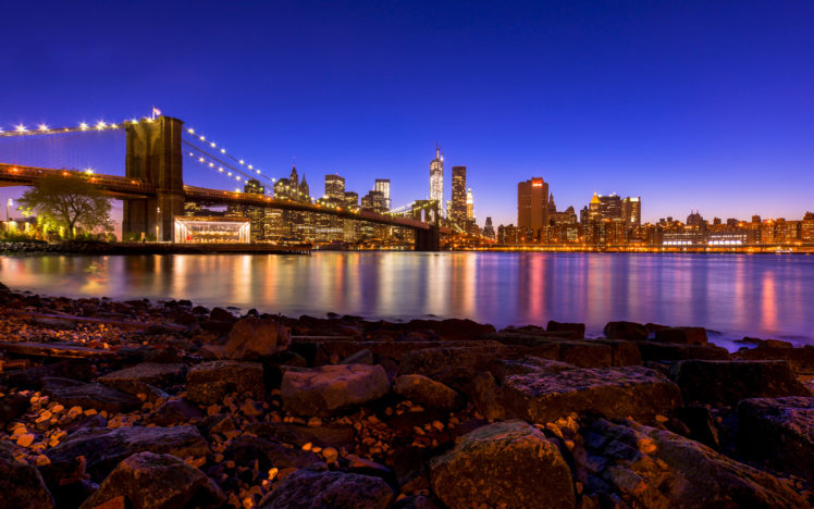 brooklyn, Bridge, Bridge, New, York, Buildings, Skyscrapers, Lights, River, Rocks, Stones, Beaches, Reflection HD Wallpaper Desktop Background