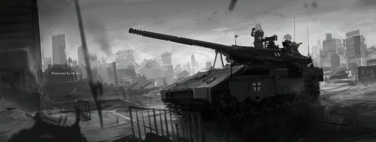 girls, City, Combat, Vehicle, Military, Mivit, Monochrome, Original, Ruins HD Wallpaper Desktop Background