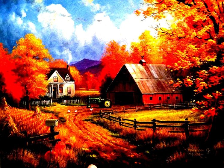 autumn, Fall, Landscape, Nature, Tree, Forest, Leaf, Leaves, Farm, House, Tractor, Rustic, Artwork HD Wallpaper Desktop Background