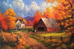autumn, Fall, Landscape, Nature, Tree, Forest, Leaf, Leaves, Farm, House, Tractor, Rustic, Artwork