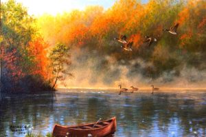 autumn, Fall, Landscape, Nature, Tree, Forest, Leaf, Leaves, Rustic, Artwork, Duck, Boat, Sumrise, River, Lake, Mood