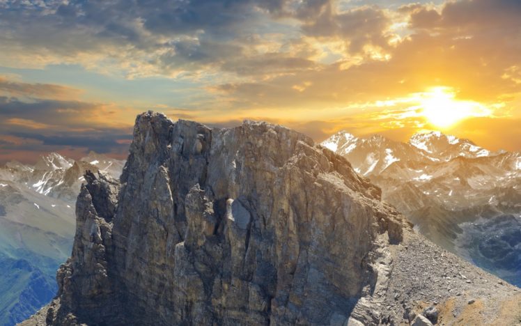 mountains, Snow, Sky, Clouds, Sun, Sunset HD Wallpaper Desktop Background