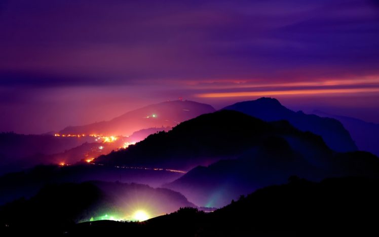 sunset, Roads, Mountains, Night, Lights, Light, Sky HD Wallpaper Desktop Background