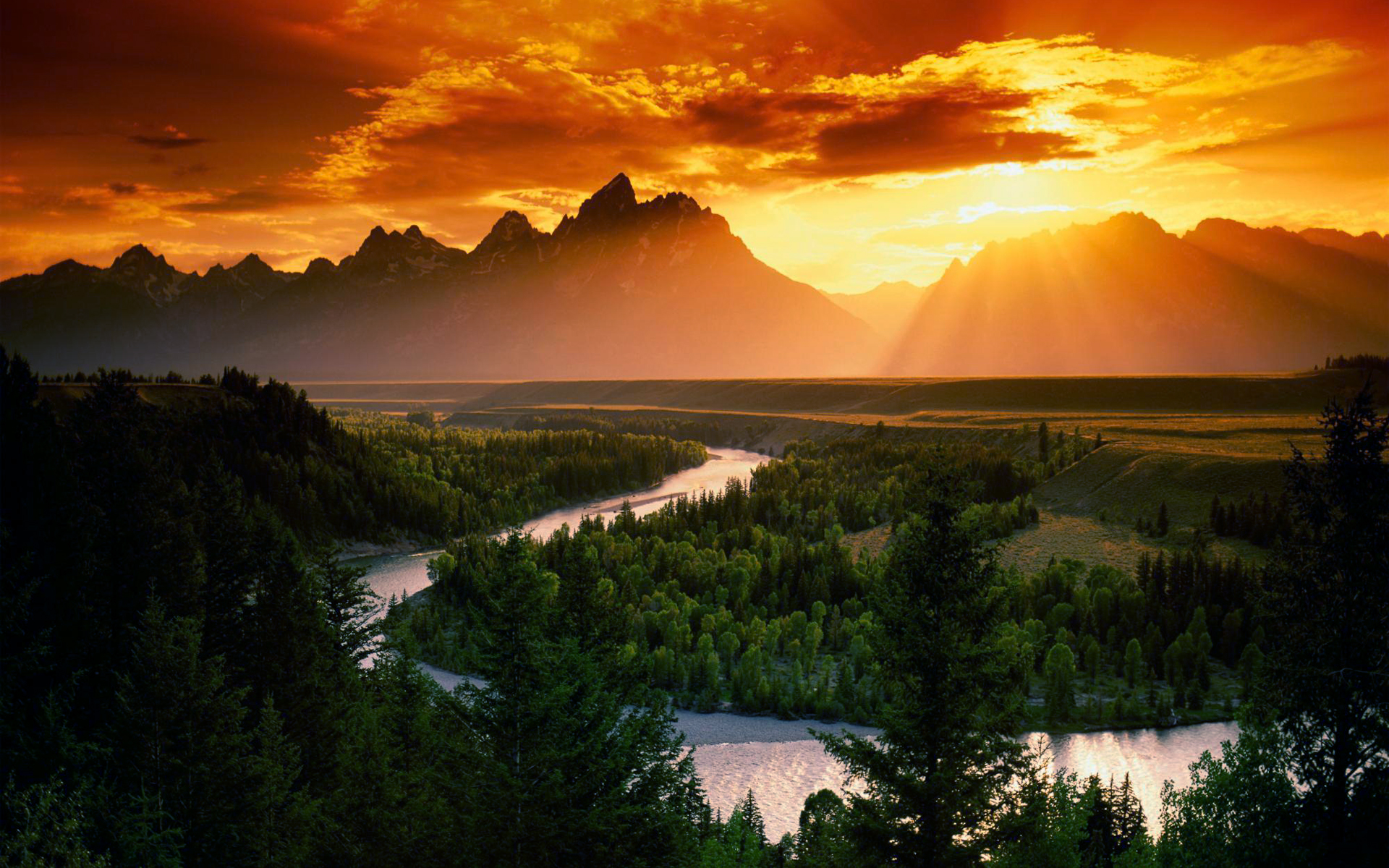 sunset, Mountains, Clouds, Landscapes, Sun, Forest, Rivers Wallpaper