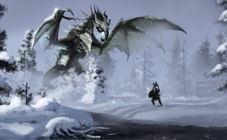 art, Skyrim, Winter, Snow, Dragon, Warrior, River, Stream, Forest, Magic, Dragons, Fantasy, Warrior, Warriors, Elder, Scrolls HD Wallpaper Desktop Background