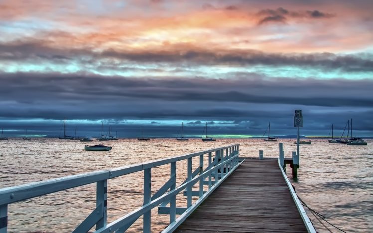 dock, Pier, Ocean, Sea, Sky, Clouds, Sunset, Boat, Boats HD Wallpaper Desktop Background
