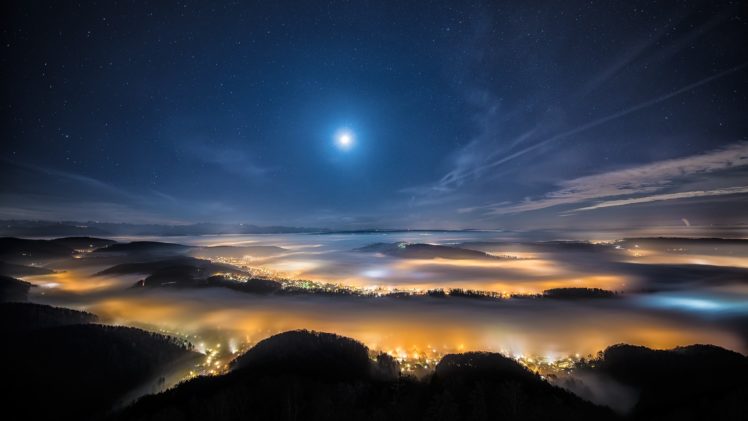 night, Sky, Stars, , Moon, Hills, Fog, City, Lights, Bokeh HD Wallpaper Desktop Background