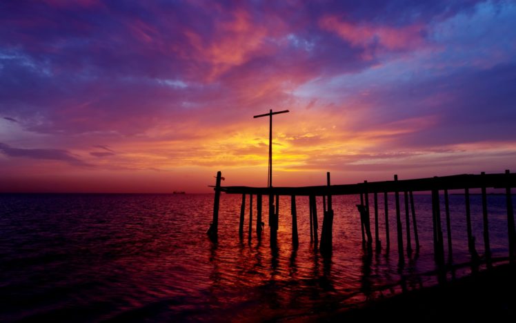 pier, Beach, Night, Sunset, Dock, Ocean, Sea, Sky, Clouds HD Wallpaper Desktop Background