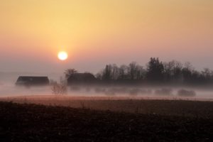 sunset, Field, Fog, House, Landscapes, Rustic, Farm