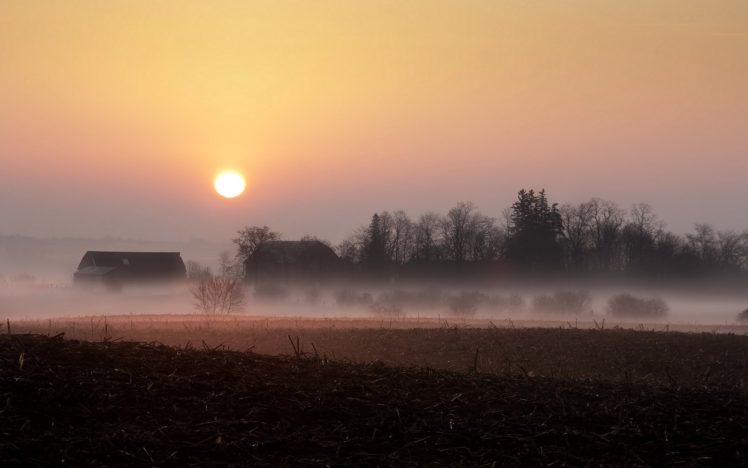 sunset, Field, Fog, House, Landscapes, Rustic, Farm HD Wallpaper Desktop Background