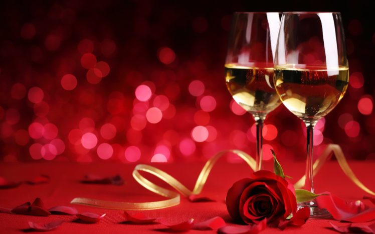 champagne, Glasse, Yellow, Ribbon, Red, Rose, Petals, Wine HD Wallpaper Desktop Background