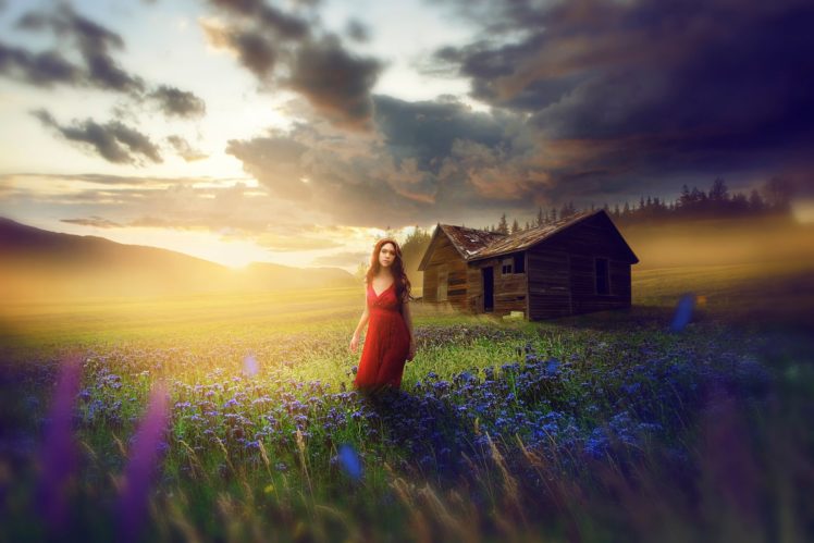 meadow, In, Red, Girl, Field, Dress, Mood, House, Artwork, Girl HD Wallpaper Desktop Background