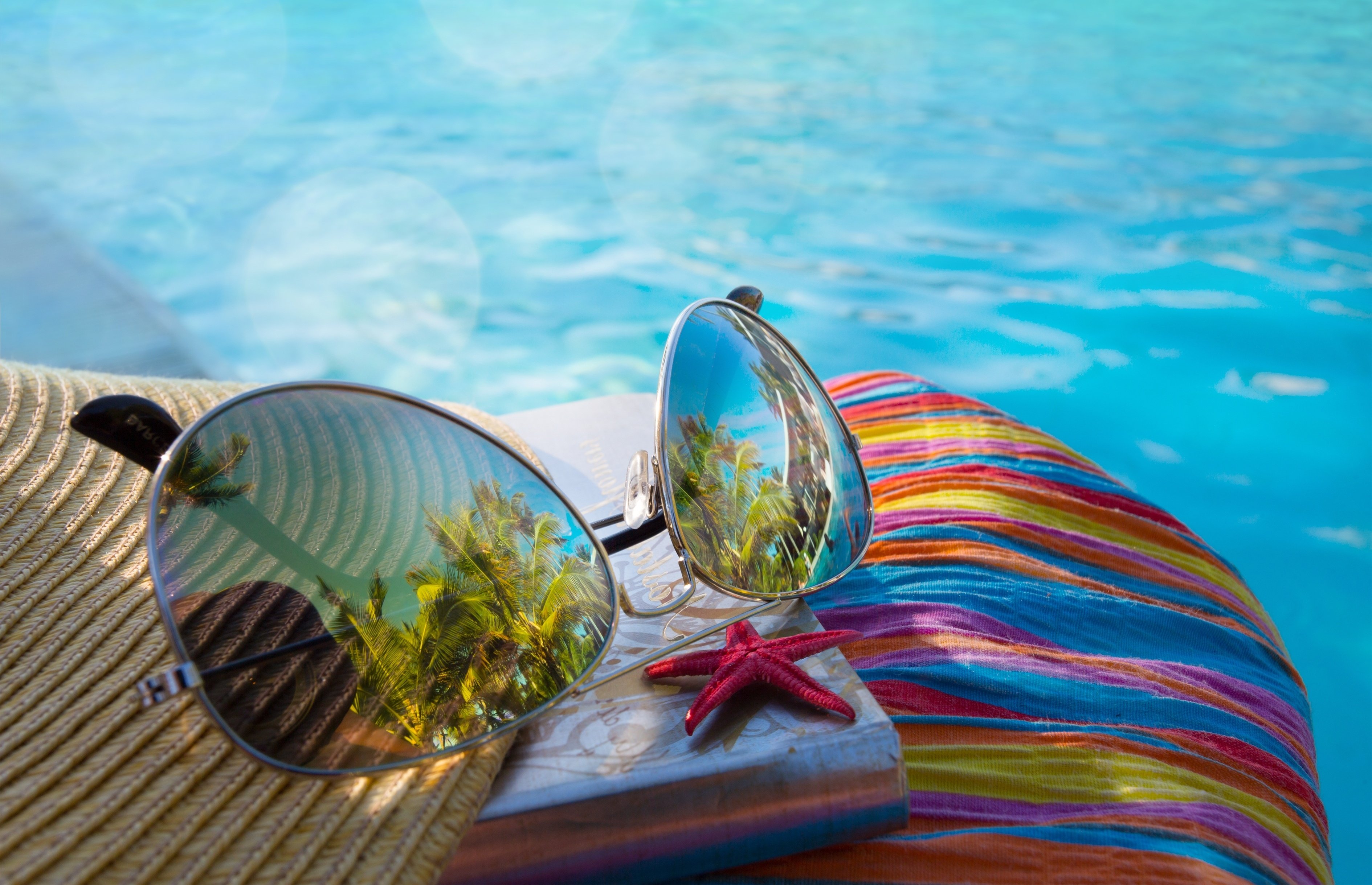 glasses, Reflection, Bokeh, Sun, Summer, Beach, Vacation Wallpaper
