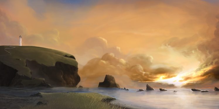 landscape, Art, Rocks, Sea, Lighthouse, Painting, Artwork, Ocean HD Wallpaper Desktop Background