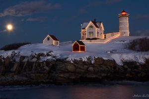 landscape, Night, Lighthouse, House, Light, Lights, Moon, Sea, Cliff, Christmas