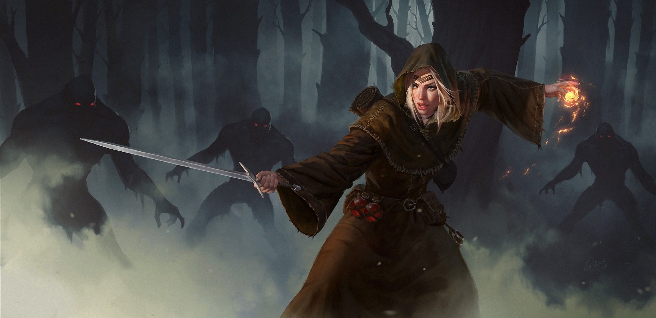 magician, Magic, Girl, Blonde, Sword, Forest, Monsters, Undead, Art, Fantasy Wallpaper