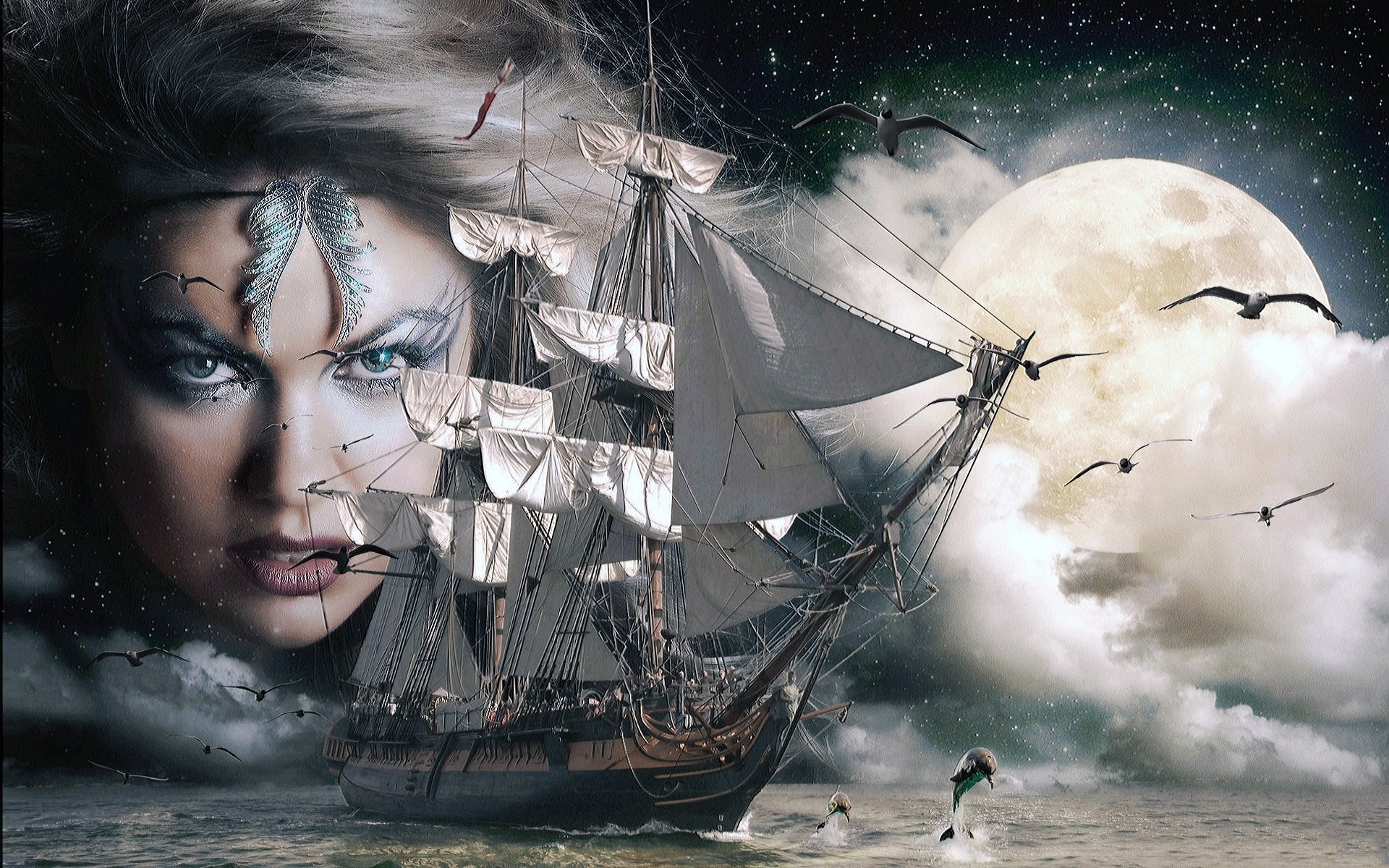 moon, Clouds, Sea, Witch, Craft, Dolphins Wallpaper