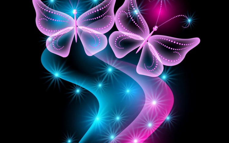 3d, Neon, Abstract, Neon, Blue, Glow, Sparkle, Pink, Butterflies, Butterfly HD Wallpaper Desktop Background