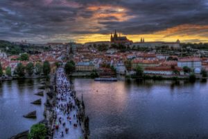 czech, Republic, Prague, Charles, Bridge, In, Prague, City, Buildings, Crowd, The, River, Sunset