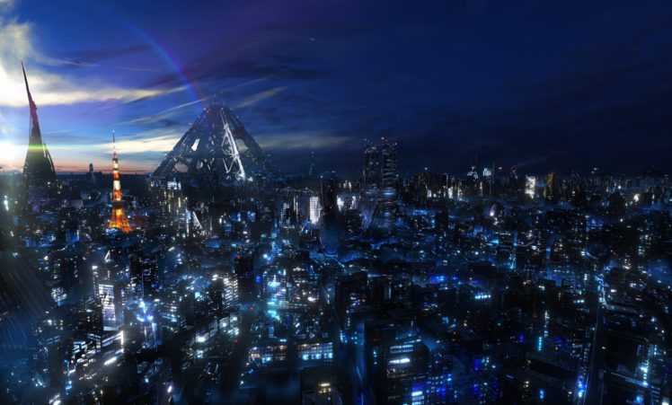 japan, Clouds, Cityscapes, Night, Digital, Art, Skyscapes, Guilty, Crown HD Wallpaper Desktop Background
