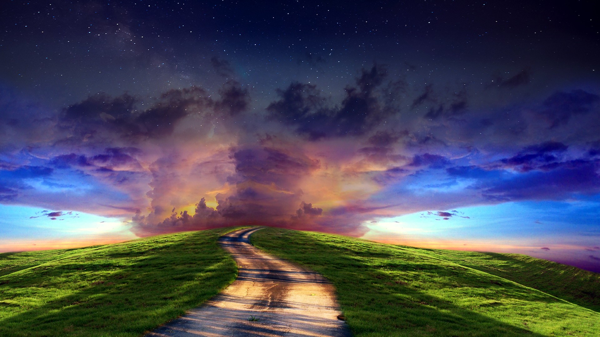 clouds, Sunset, Sky, Stars, Roads, Path, Trail, Landscapes Wallpaper