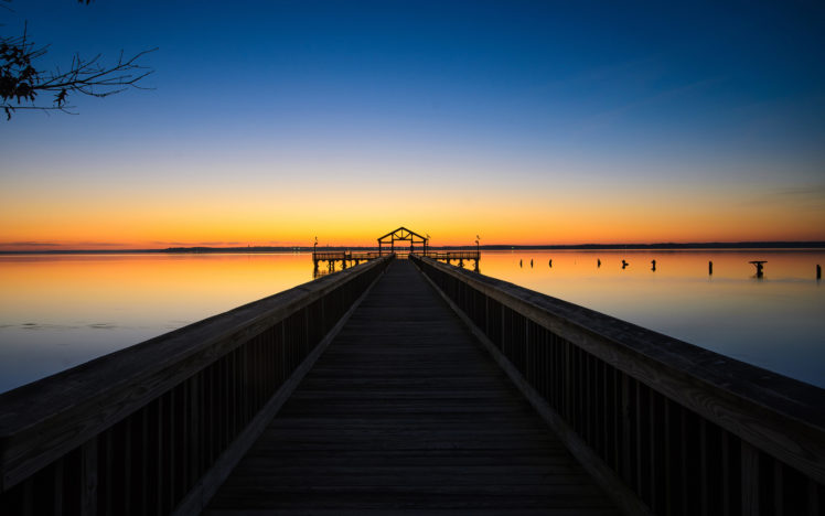 dock, Pier, Sunset, Lakes, Lake, Sky, Reflection HD Wallpaper Desktop Background