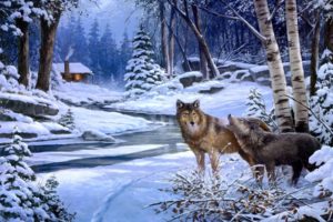 winter, Snow, Nature, Landscape, Wolf, Wolves, Art, Artwork