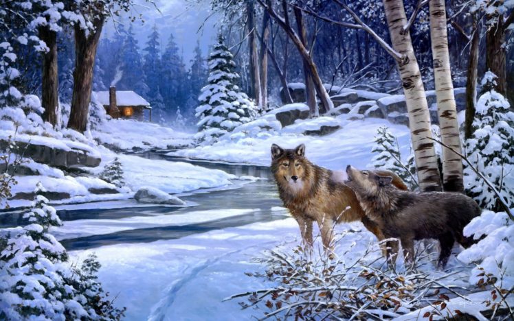 winter, Snow, Nature, Landscape, Wolf, Wolves, Art, Artwork HD Wallpaper Desktop Background