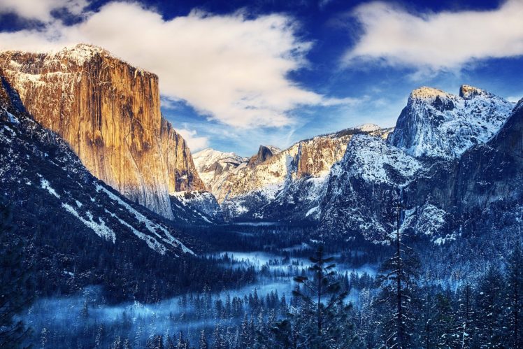 usa, Yosemite, National, Park, Yosemite, National, Park, California, Winter, Snow, Mountain, Rock, Valley, Forest, Trees, Fog, Clouds HD Wallpaper Desktop Background