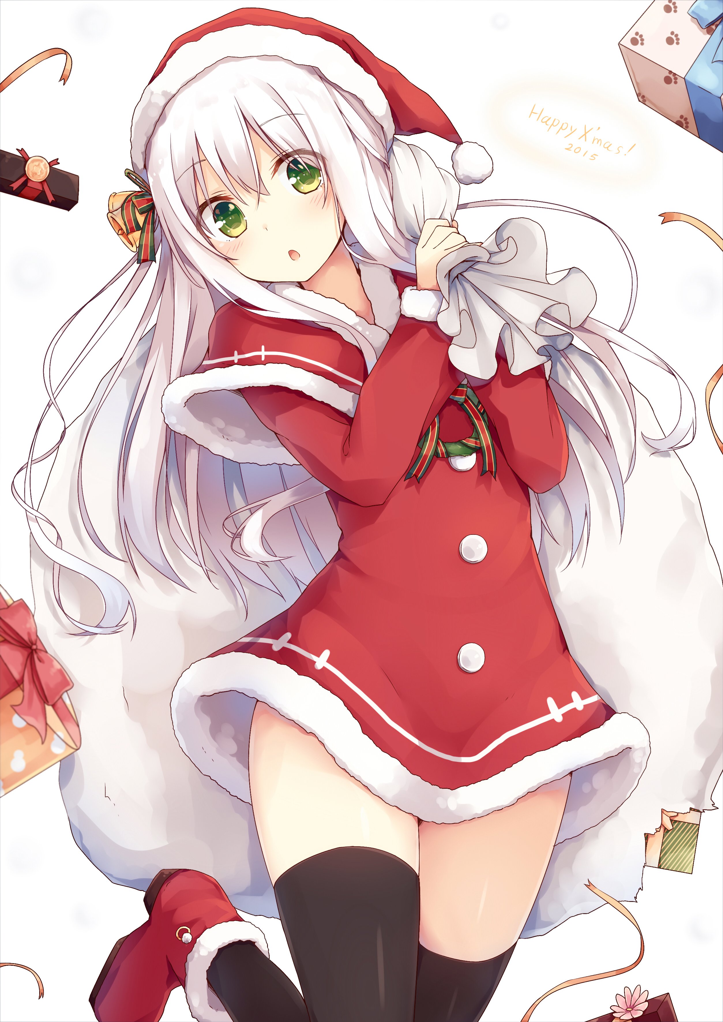 anime, Girl, Blush, Boots, Box, Christmas, Cloak, Dress, Flower, Green