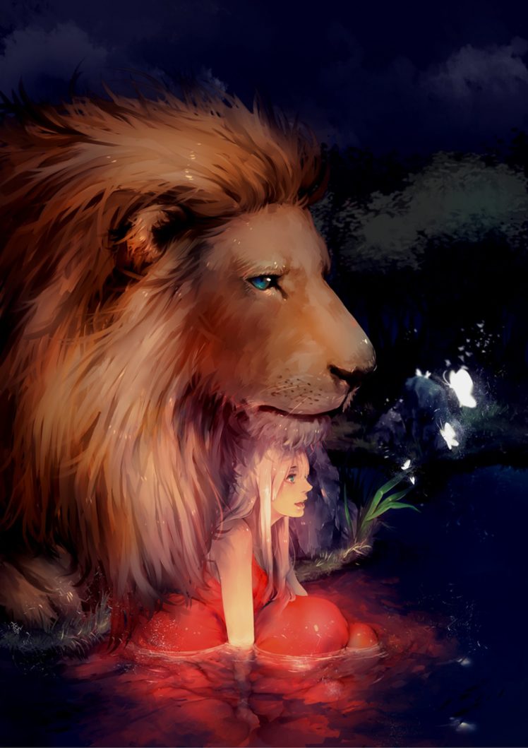 fantasy, Girl, Blue, Eyes, Hair, Long, Beautiful, Lion, Flower, Animal HD Wallpaper Desktop Background