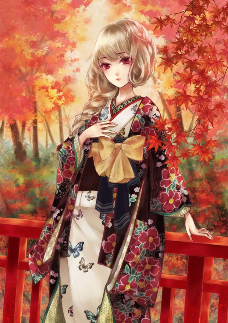anime, Girl, Autumn, Blonde, Hair, Braids, Butterfly, Kimono, Long, Hair, Pink, Eyes, Side, Tail, Tree HD Wallpaper Desktop Background