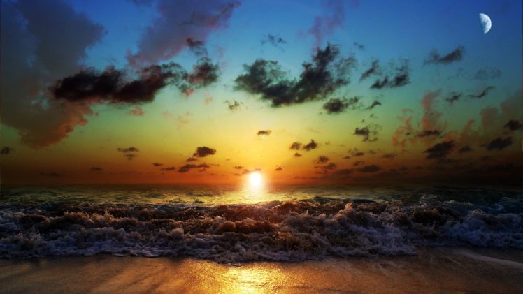 sunset, Beach, Skyscapes, Sea HD Wallpaper Desktop Background
