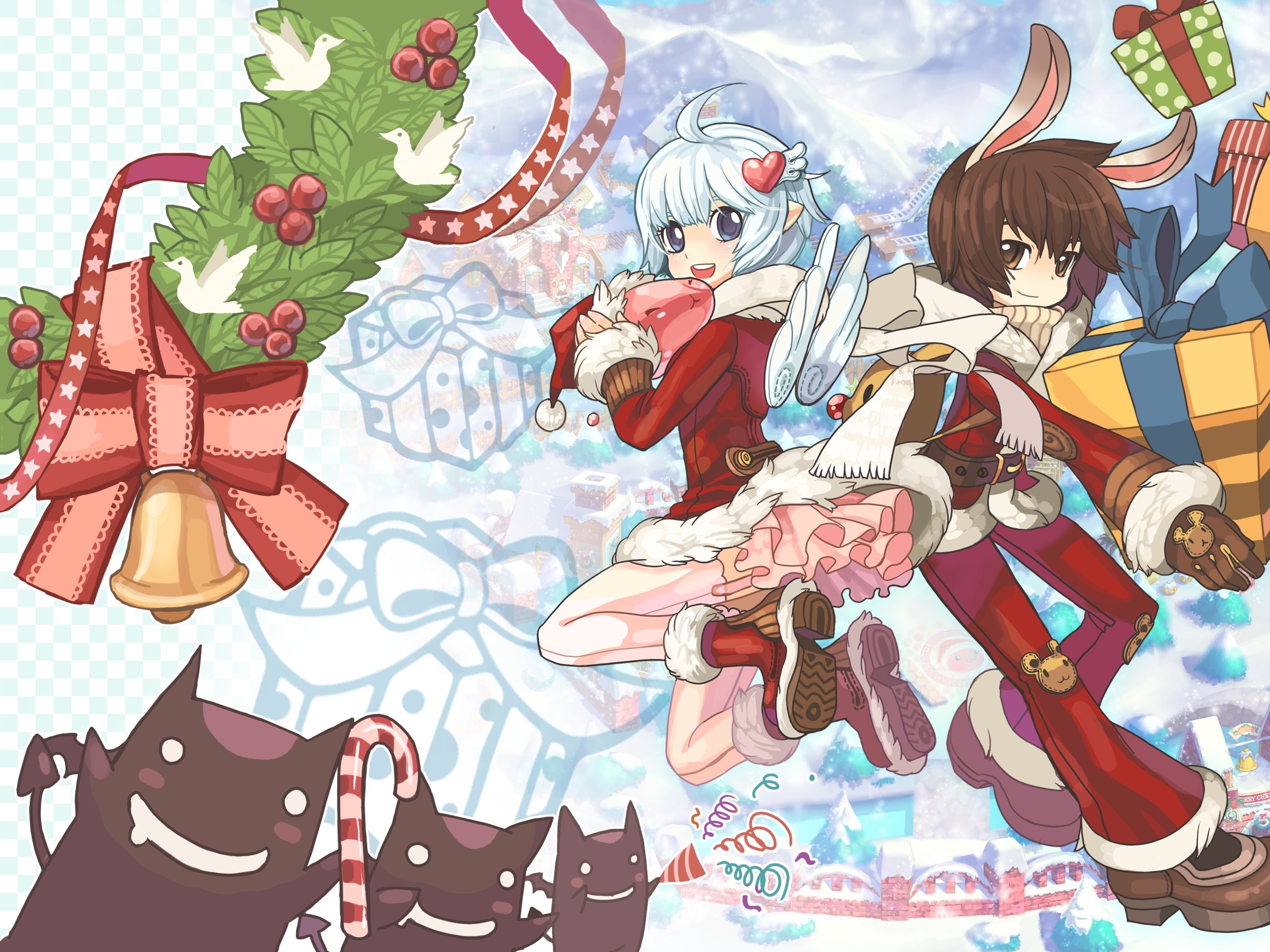 animal, Ears, Bunny, Ears, Christmas, Dress, Pointed, Ears, Ragnarok, Online, Stockings, Tagme,  artist , Tagme,  character , Thighhighs, Wings Wallpaper