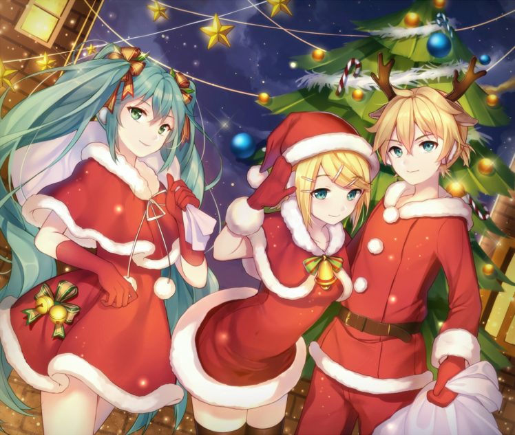 animal, Ears, Aqua, Hair, Blonde, Hair, Christmas, Green, Eyes, Hat, Hatsune, Miku, Long, Hair, Male, Qingshui, Ai, Santa, Hat, Short, Hair, Thighhighs, Twintails, Vocaloid HD Wallpaper Desktop Background